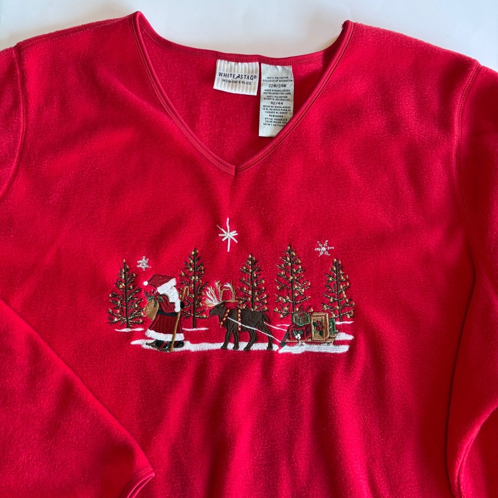 White Stag 22W/24W Embroidered Santa Fleece Sweater Red Christmas Grannycore Y2K
